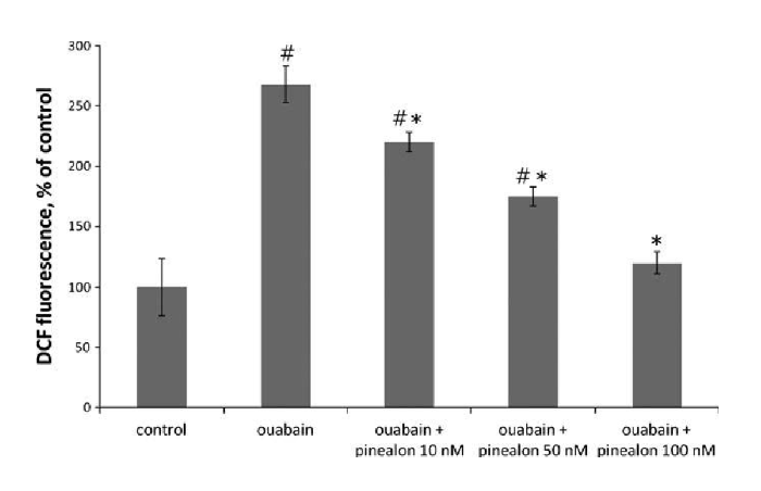 Measure of reactive oxygen species in controls, those exposed to ouabain, and animals exposed to both ouabain and pinealon at various doses.